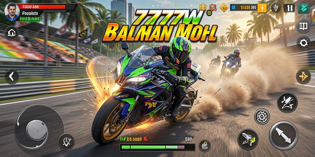 Tampilan gameplay 7777W dengan balapan motor yang seru dan menegangkan.