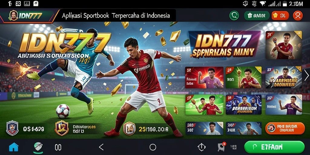 Screenshot utama IDN777 menunjukkan antarmuka aplikasi Sportsbook yang interaktif.